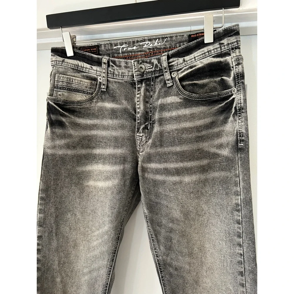 True Rebel Mens 805-Straight Fit Gray Washed Embroidered Jeans 30x30 Grunge Y2K